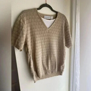 Alfred Dunner Tan Knit Blouse Top Short Sleeve Beige V Neck Sweater Shirt Medium
